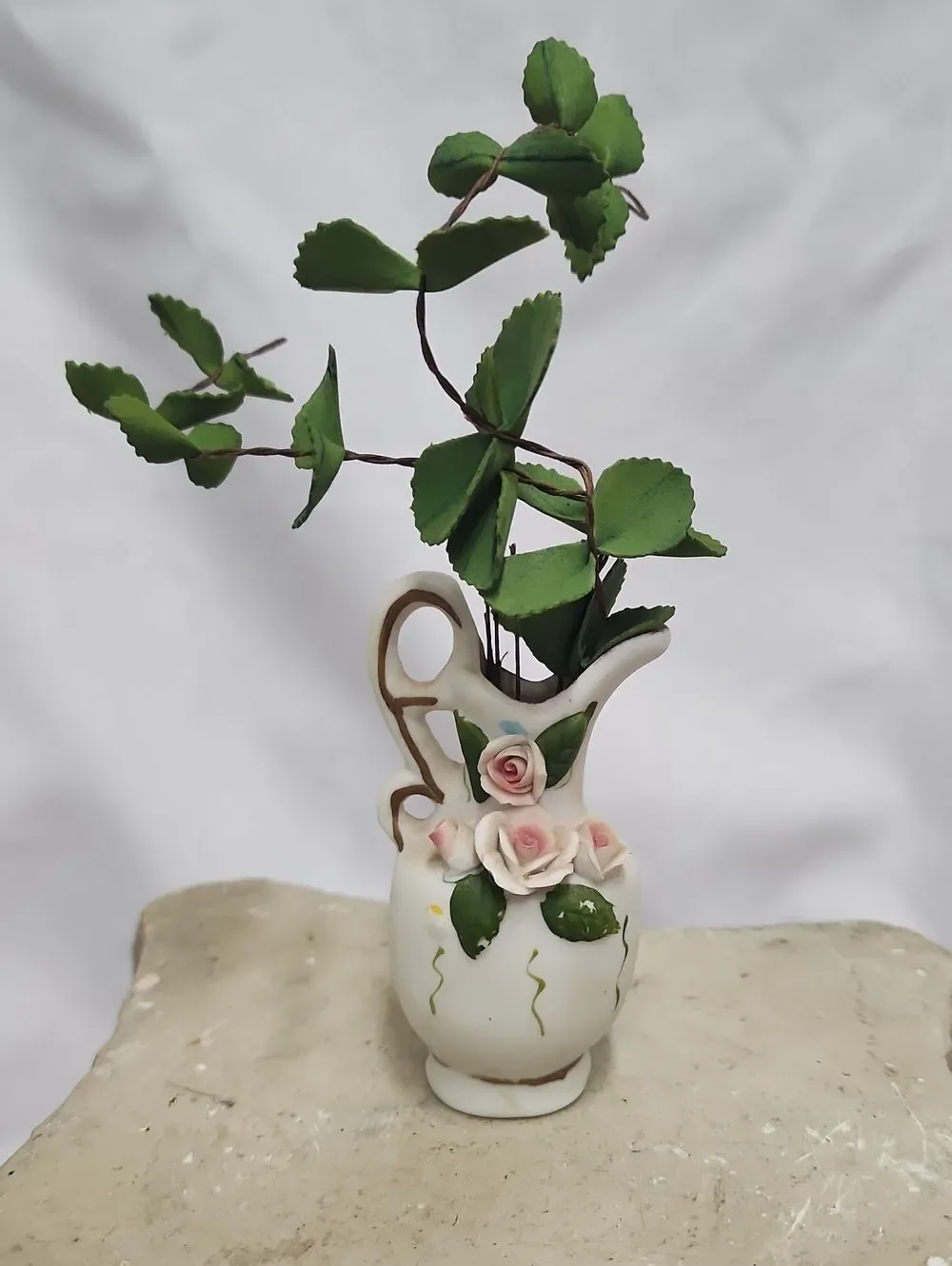 Vintage Floral Porcelain Handle Pitcher Vase